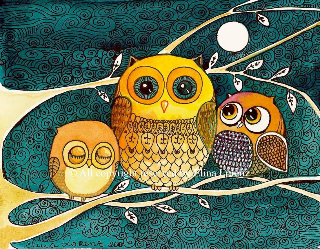 Print from Original watercolor painting"Owls at night" by Elina Lorenz