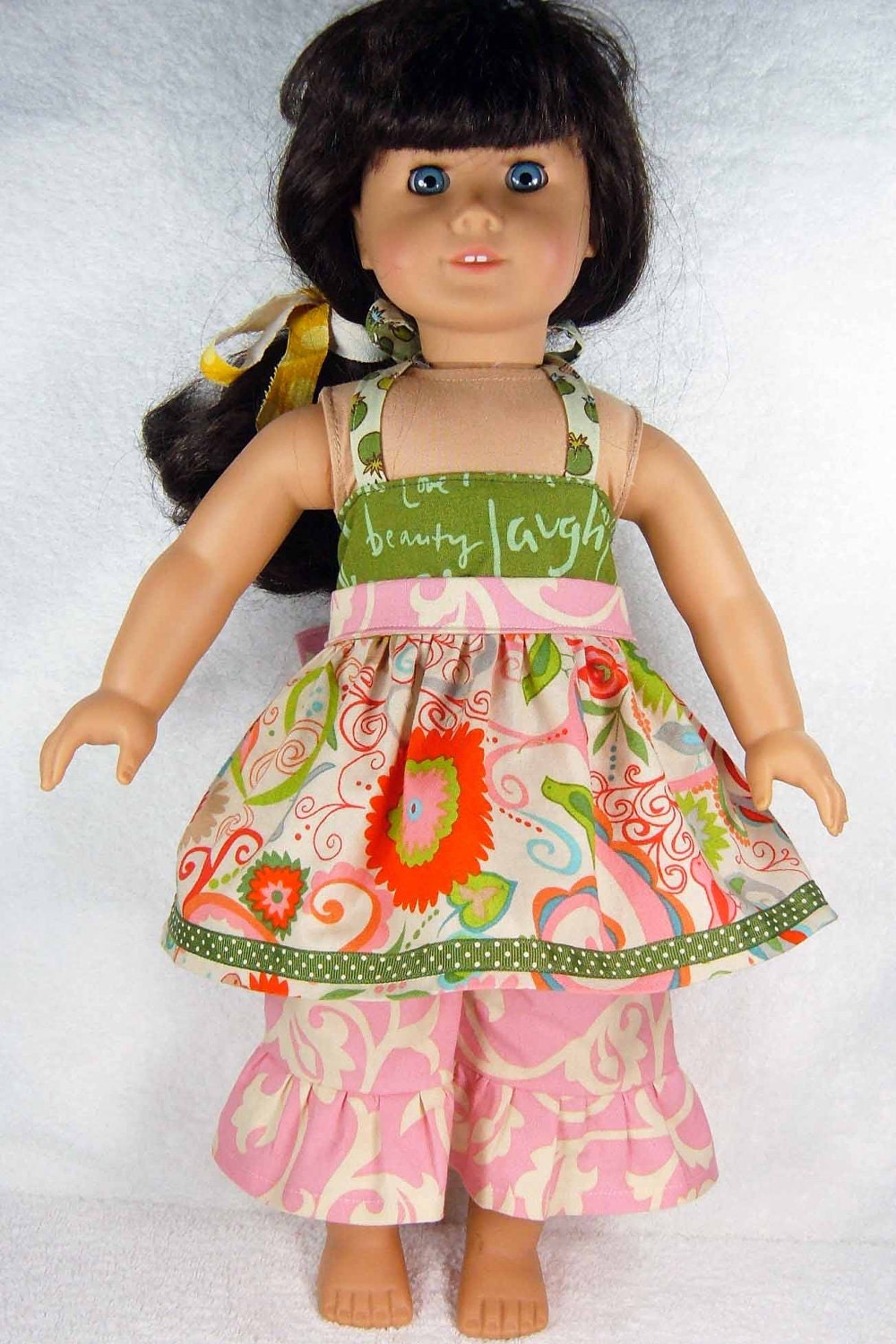 Waldorf doll dress and pants set - 16 inch American Girl doll pink green M2M Matilda Jane - Robe et pantalon - Ready to ship