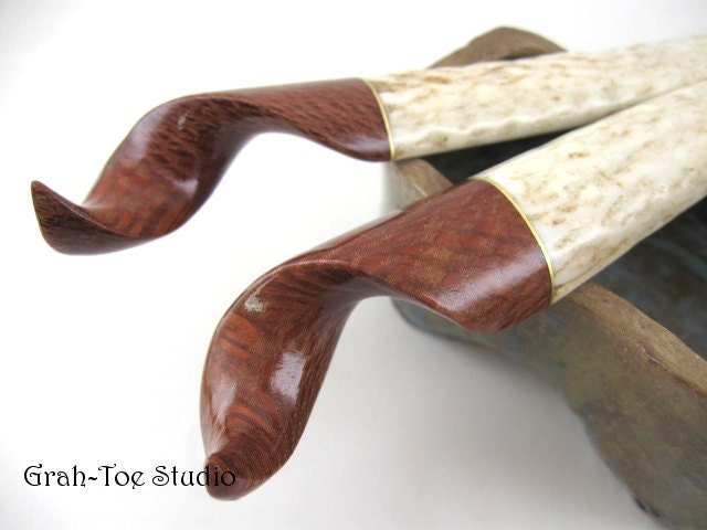 Macadamia Nut Wood and Brass Tendrils Antler Hair Sticks Pair Grahtoe Handmade