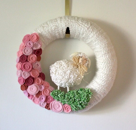 Nursery Lamb Wreath, Pink and White, 14 inch size - MADE TO ORDER