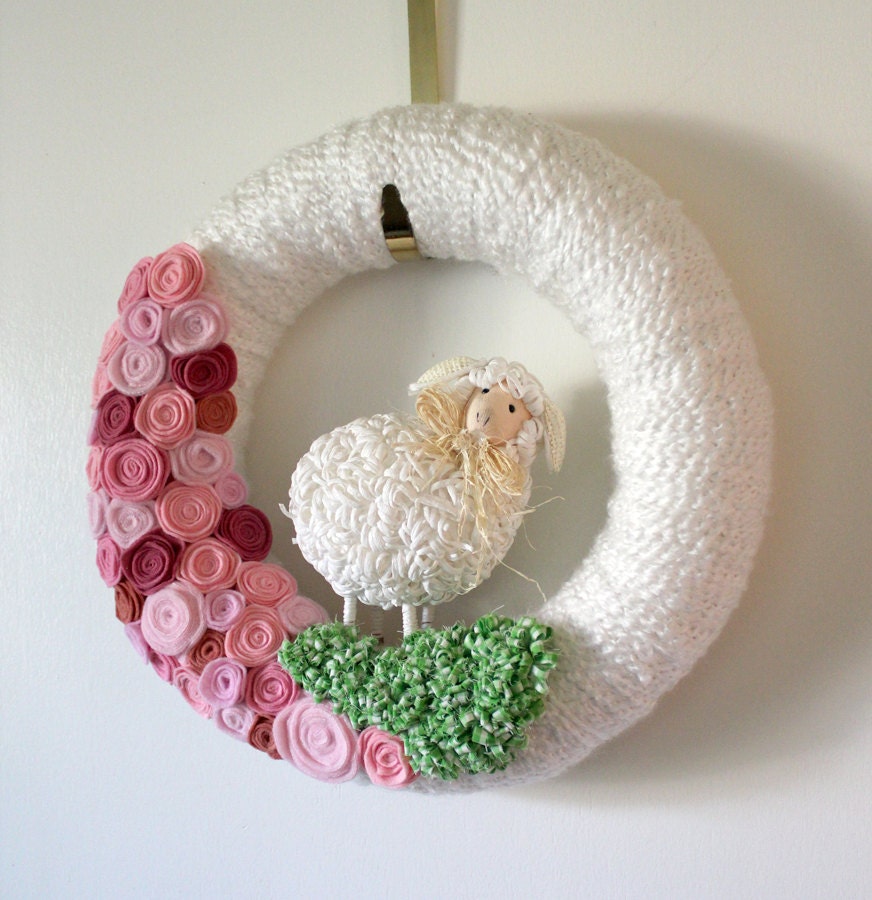 Nursery Lamb Wreath, Pink and White, 14 inch size - MADE TO ORDER