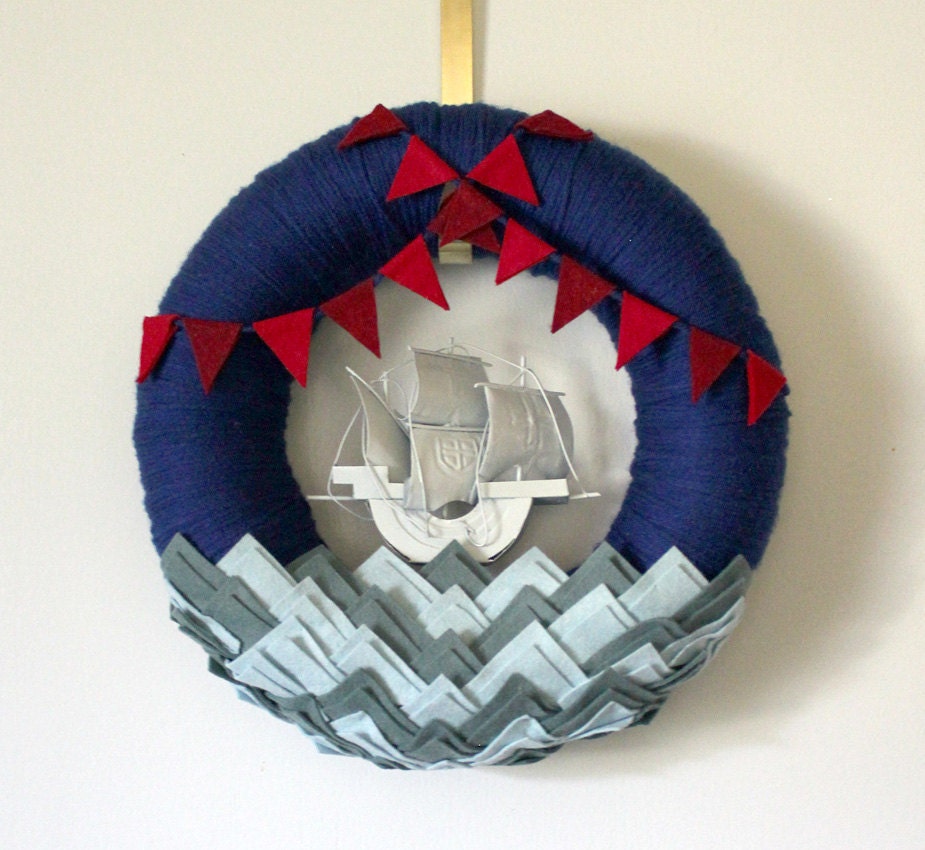 Nautical Wreath, Ship Wreath, Yarn and Felt Wreath, Wreath for Boys, 12 inch size