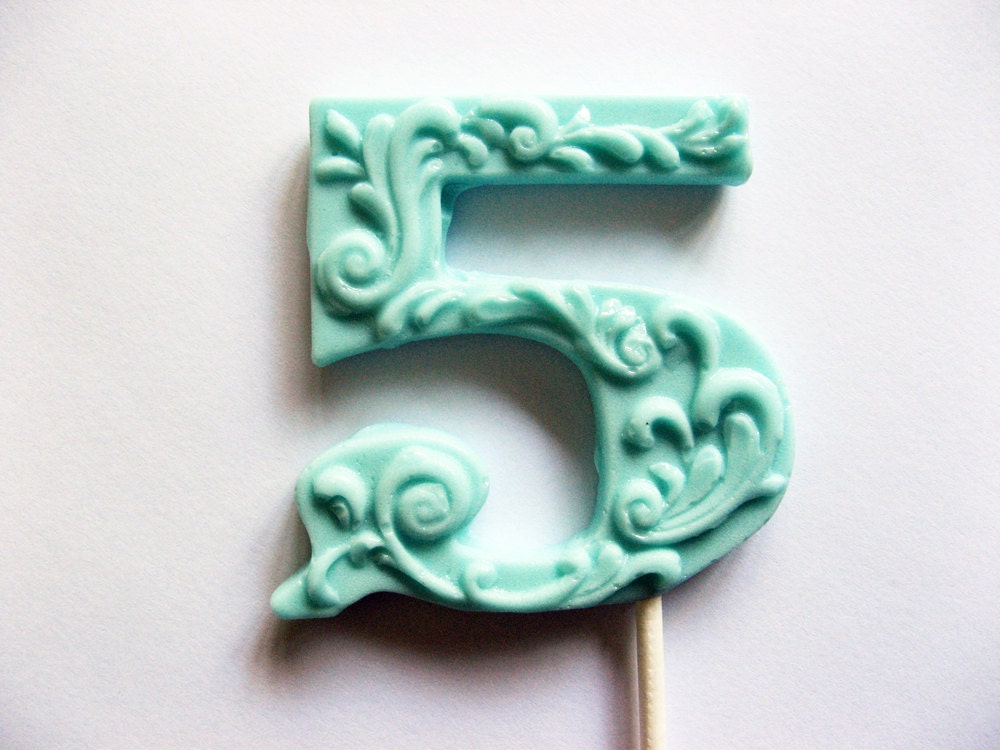 3" fancy filigree number 5 hard candy lollipops As seen in Dylan Lauren's bridal shower featured in Martha Stewart weddings May 2011