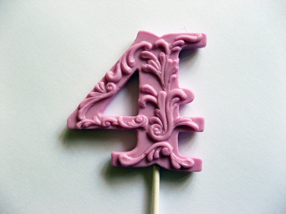 3" fancy filigree number 4 hard candy lollipops As seen in Dylan Lauren's bridal shower featured in Martha Stewart weddings May 2011