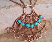 Artisan Copper and Turquoise Necklace, Herringbone Fan, Wire Wrapped, Handmade