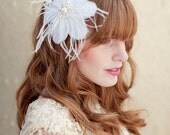 Bridal Hair Flower, feather head piece, bridal fascinator, Rose Ships in 1 Month