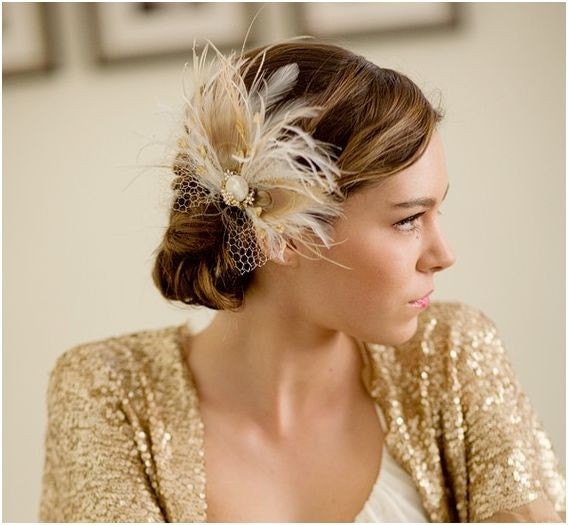 Bridal feather hair piece, vintage veil, peacock feather hairpiece, wedding headpiece, Holly Ships in 1 Month