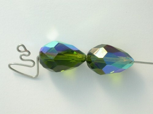 HUGE Vintage Glass Teardrop Beads Olivine AB Faceted Czech Green 2