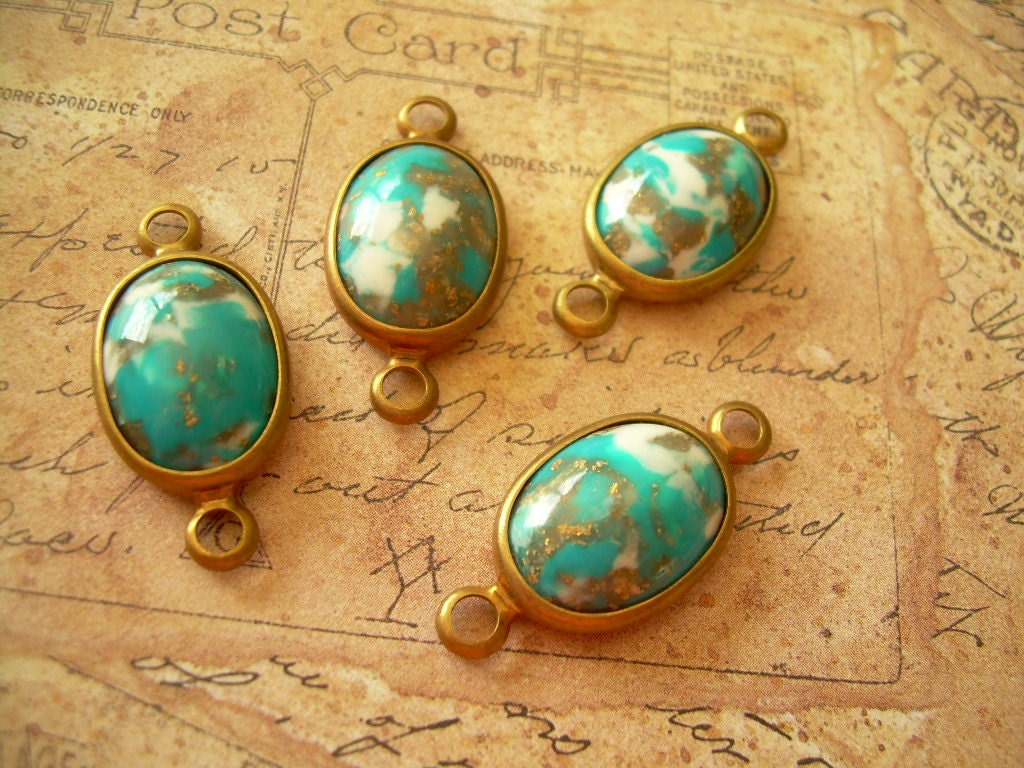 4 Vintage Brass Lucite Connectors 2-Loop Aqua White Gold Flecks