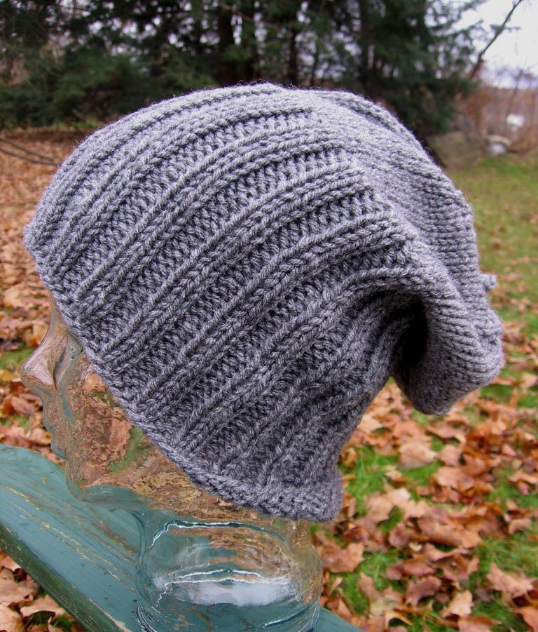 Knit Slouchy Beanie Hat Men or Women Classic Style Silver Grey Watch Cap Handmade Noggin Warmer Adult Large Ready to Ship