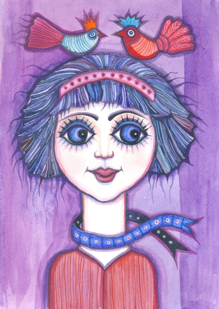 Springtime Girl - original watercolor painting - fine art - purple - blue- original illustration - molMolly