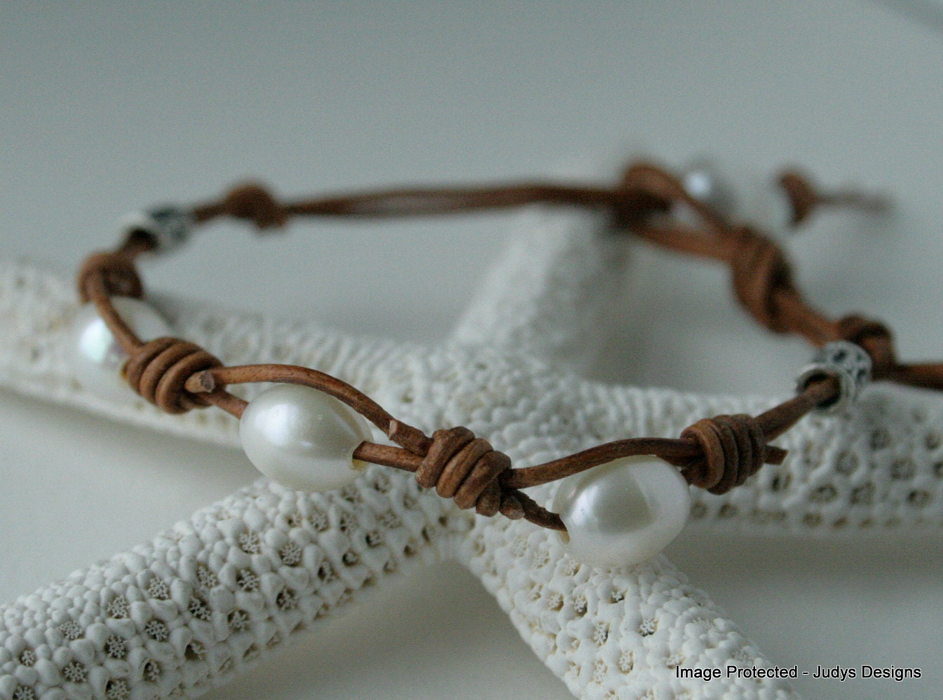 Leather & pearl bracelet, tan leather, white pearl, sterling silver