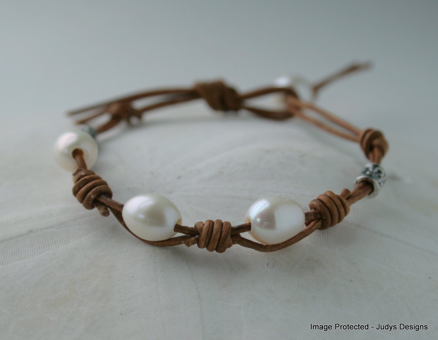 Leather & pearl bracelet, tan leather, white pearl, sterling silver