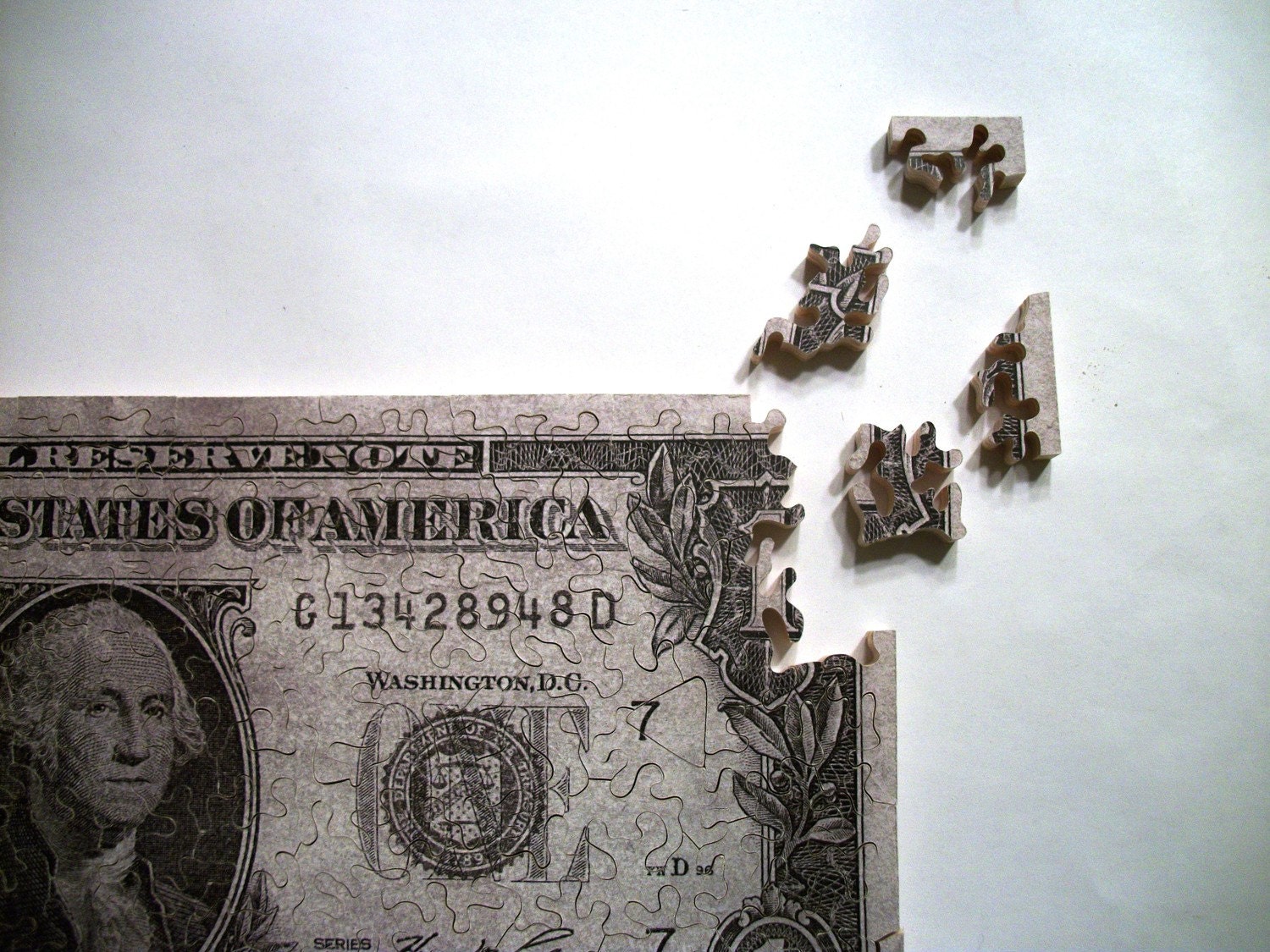 Hand Cut Wooden Jigsaw Puzzle. Dollar bill. Over 100 pieces. Original