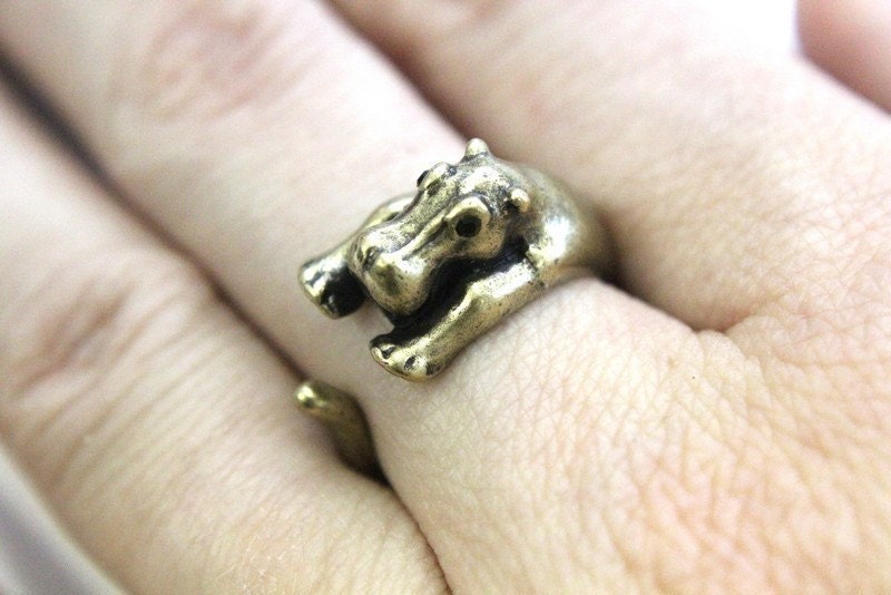 Antique Bronze Hippopotamus Ring Adjustable - Moon Raven Designs