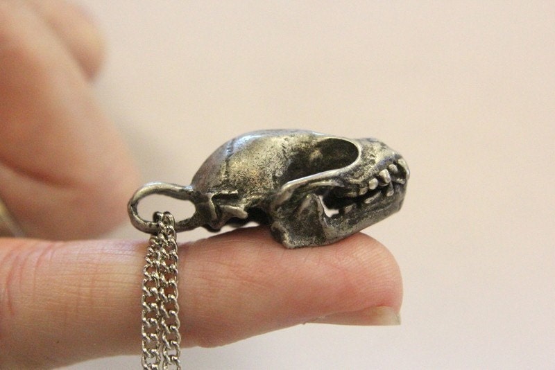 Ancient Silver Metal Bat Skull Necklace