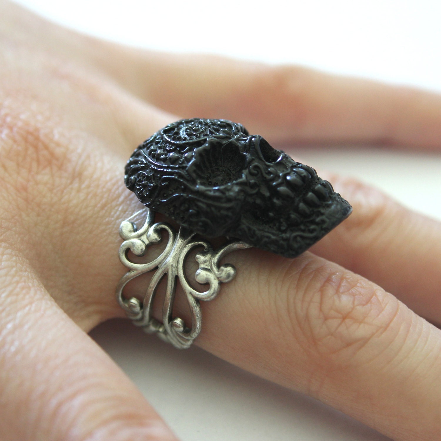 Onyx Sugar Skull Cocktail Ring