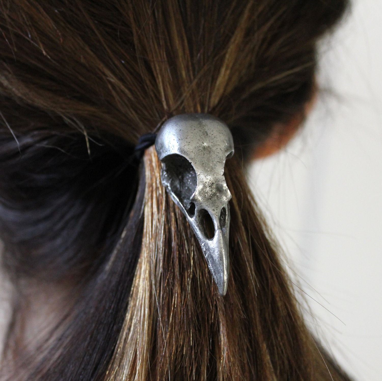 Antique Silver Crow Skull Hair Tie - Pony Tail Holder