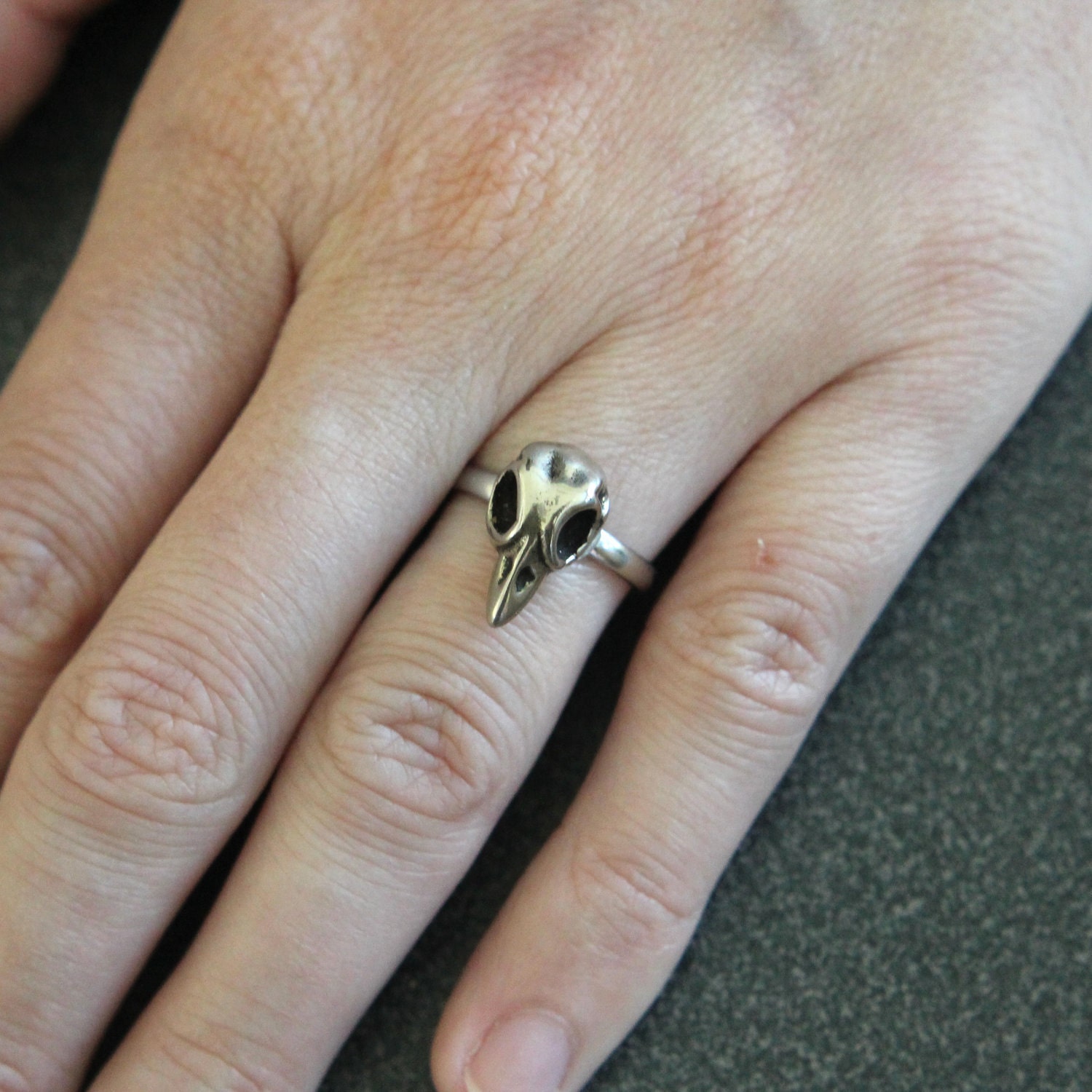 Tiny Bird Skull Adjustable Ring  in White Bronze