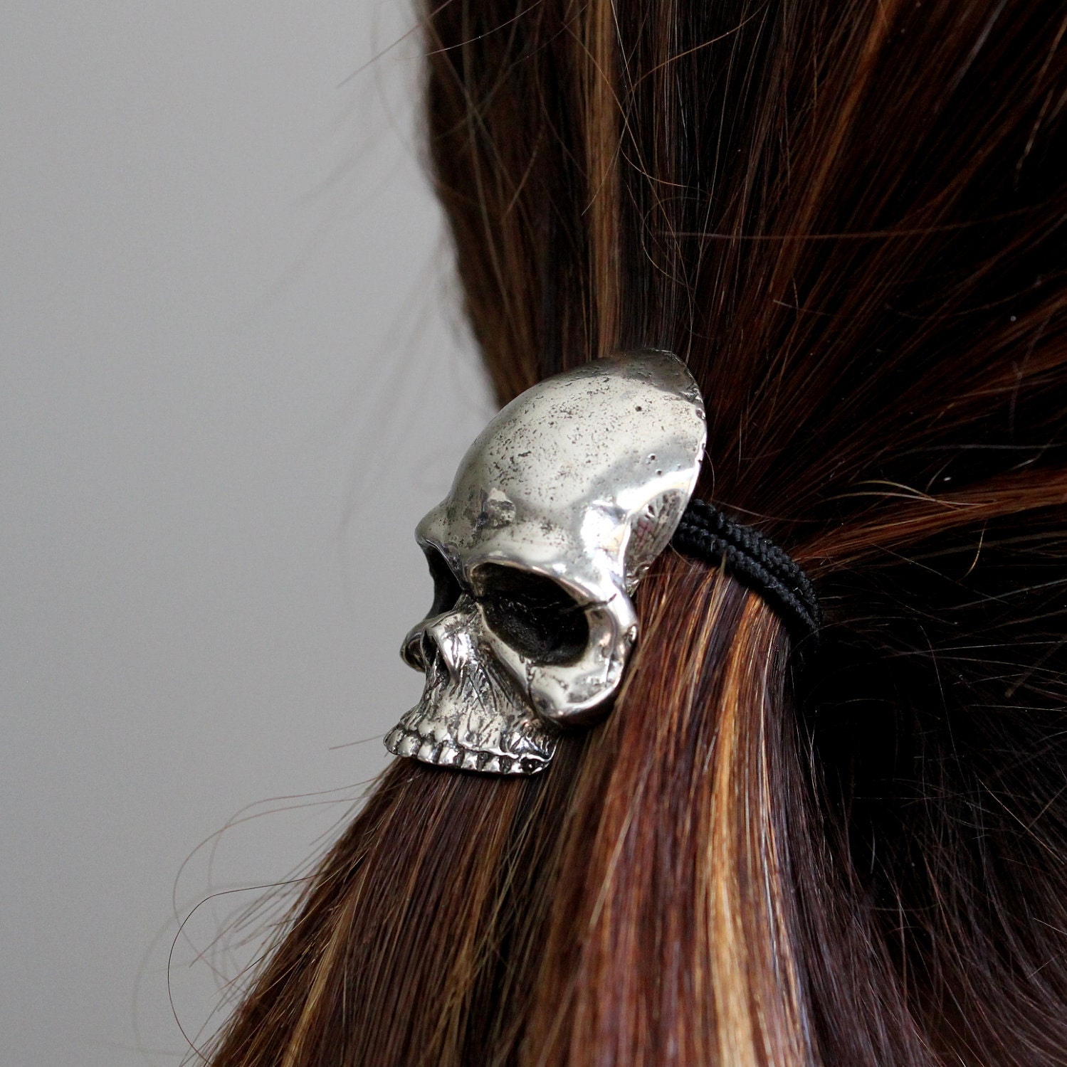 Sterling Silver Plated Skull Pony Tail Holder / Necklace in White Bronze  Hair Tie