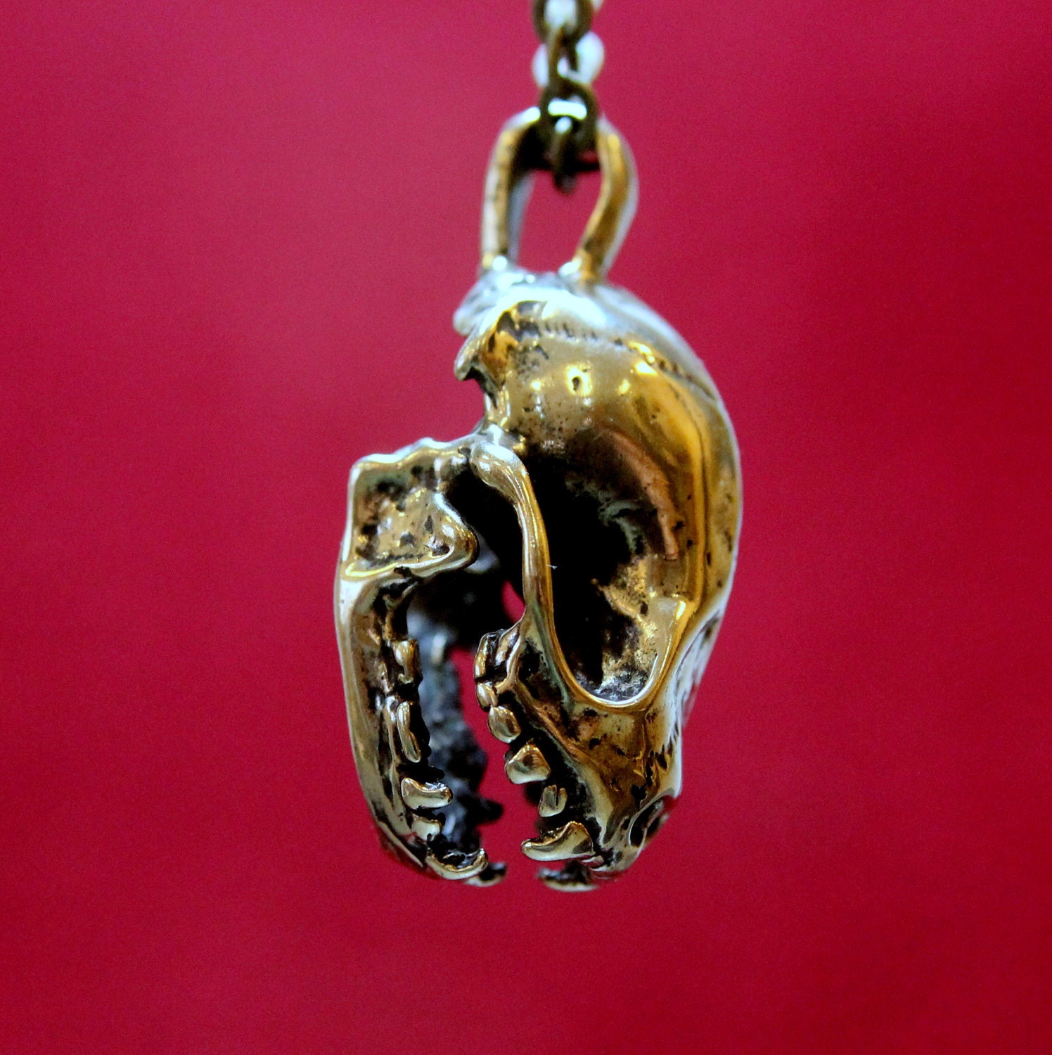 Bat Skull Necklace in Solid Bronze
