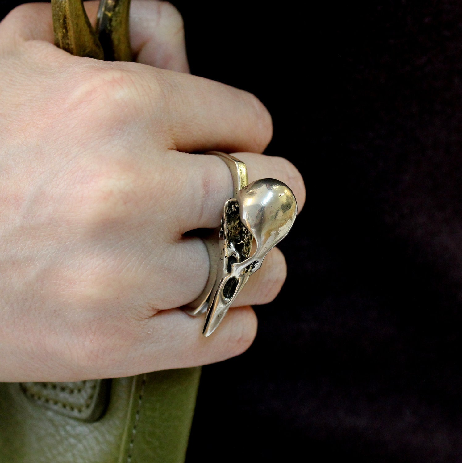 Raven Skull Knuckle Duster Ring in Solid Bronze by Moon Raven Designs