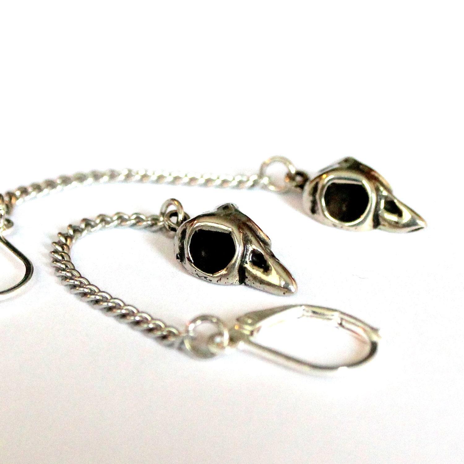 Tiny Bird Skull Earrings in White Bronze