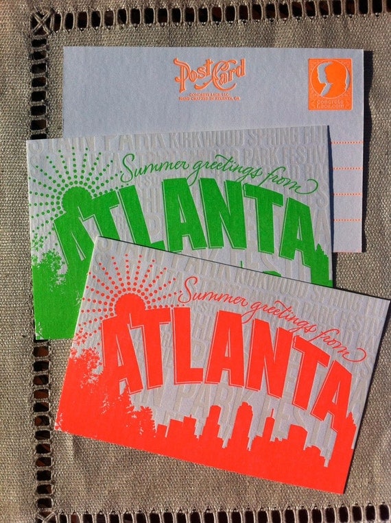 Atlanta Summertime Letterpress Postcard-- individual postcard - Fluorescent Red or Green