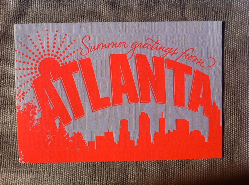 Atlanta Summertime Letterpress Postcard-- individual postcard - Fluorescent Red or Green