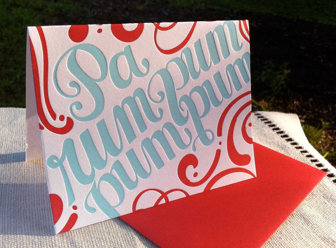 2 pack Variety Letterpress Holiday Cards (red and light blue) - Falalalala & Parumpumpumpum