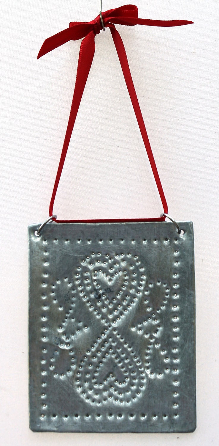 Primitive Tin Punch Ornament - Rustic Hearts on Red Ribbon