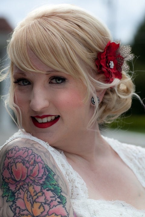 Red flower with guinea feathers and rhinestones - ADDISON no.43