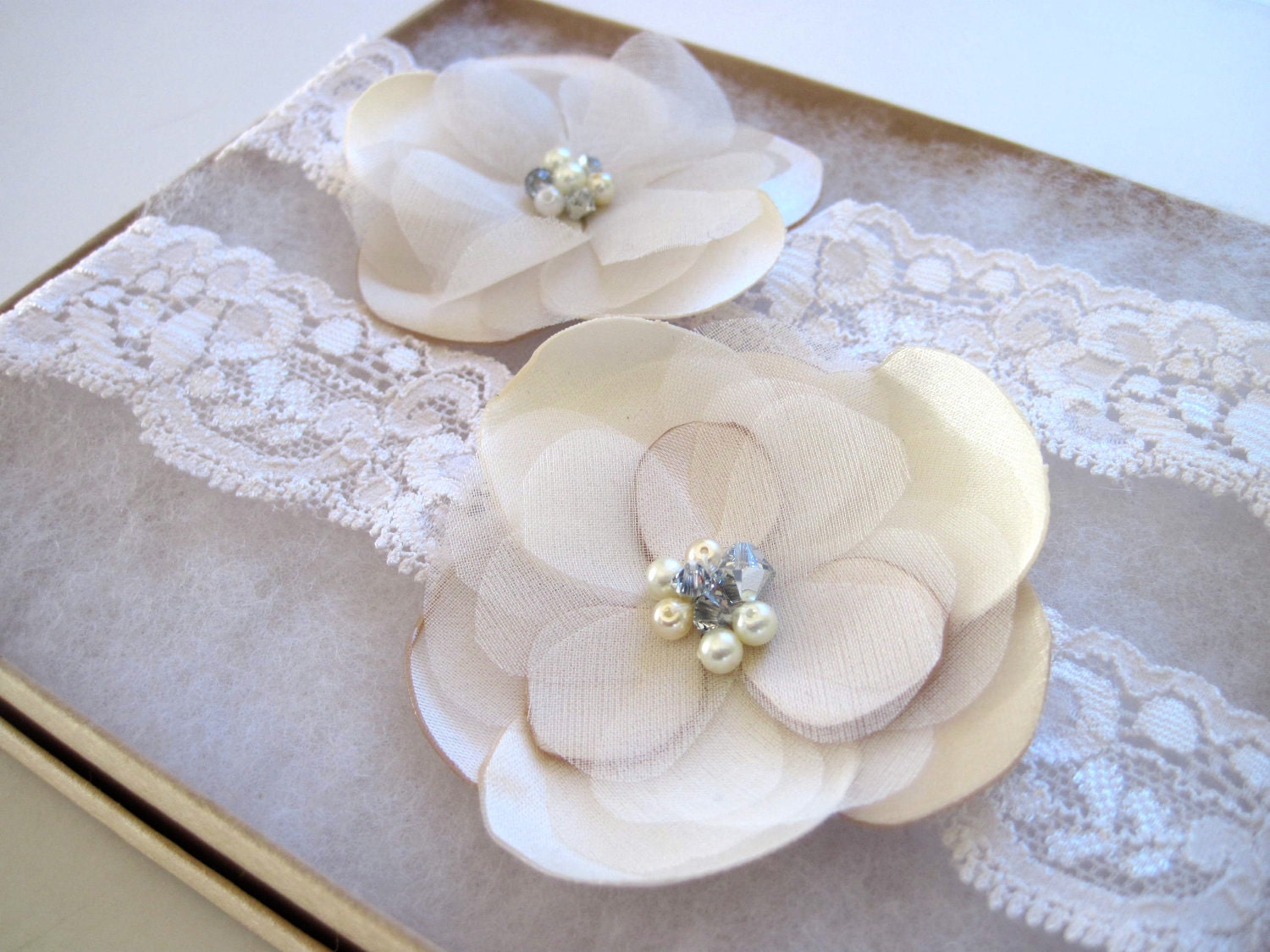 Champagne and Ivory Garter set with rhinestones and pearls