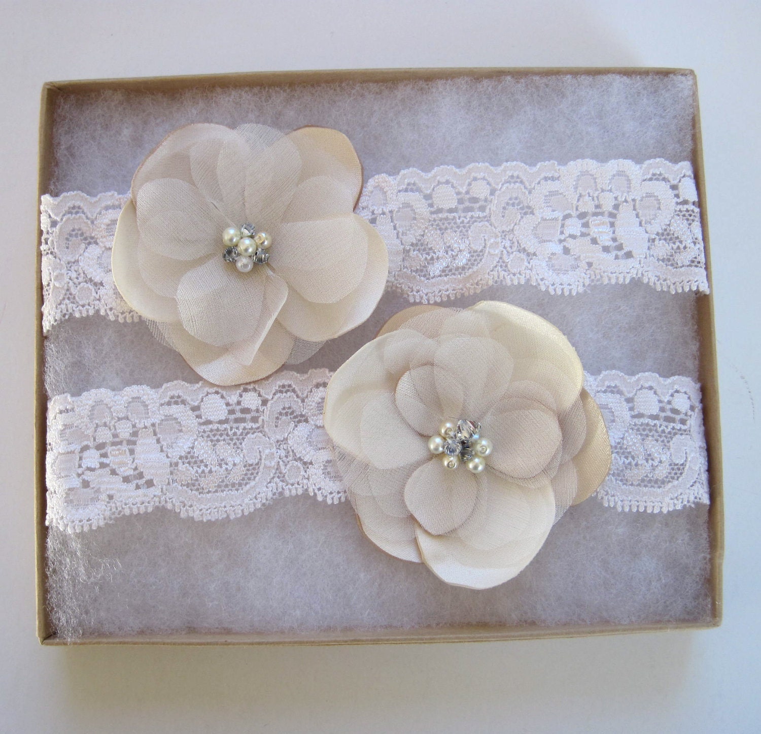 Champagne and Ivory Garter set with rhinestones and pearls