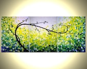 ORIGINAL Green Tree, Abstract Blue Textured TREE, Green Landscape, Palette Knife Tree Painting, by Dan Lafferty - 24 X 54