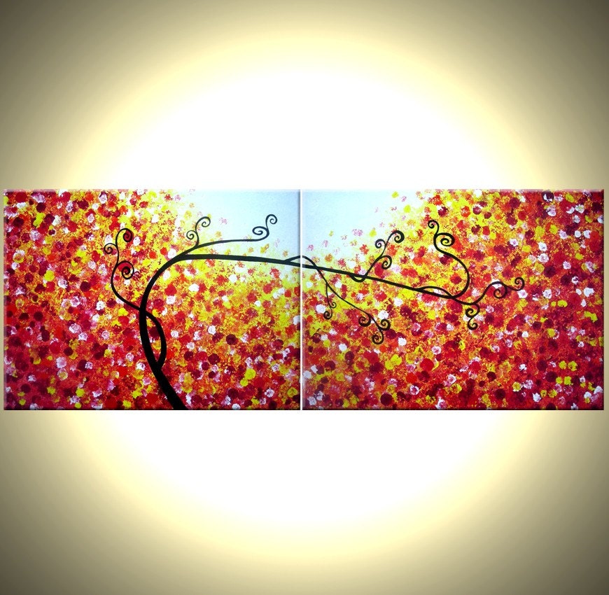 Original Abstract Large Painting, Contemporary Fine Art, Modern Acrylic RED Yellow Tree Landscape By Lafferty - 18x48 - Get it FREE