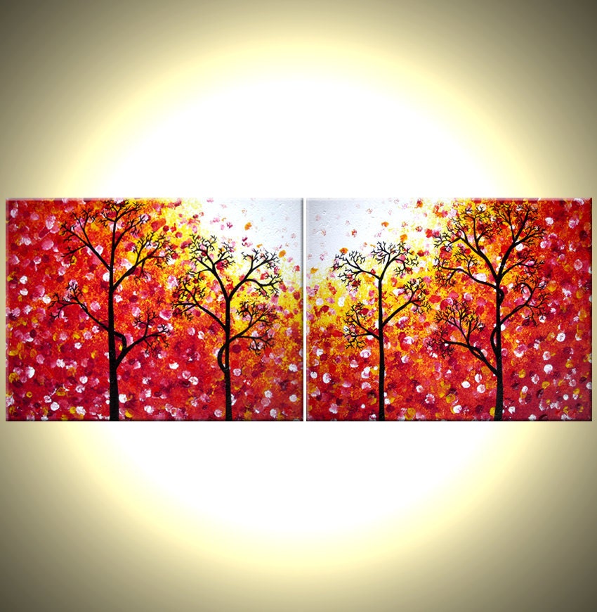 Original Abstract Large Painting, Contemporary Fine Art, Modern RED Yellow Acrylic Trees, Landscape By Lafferty - 48x18 - Get it for FREE