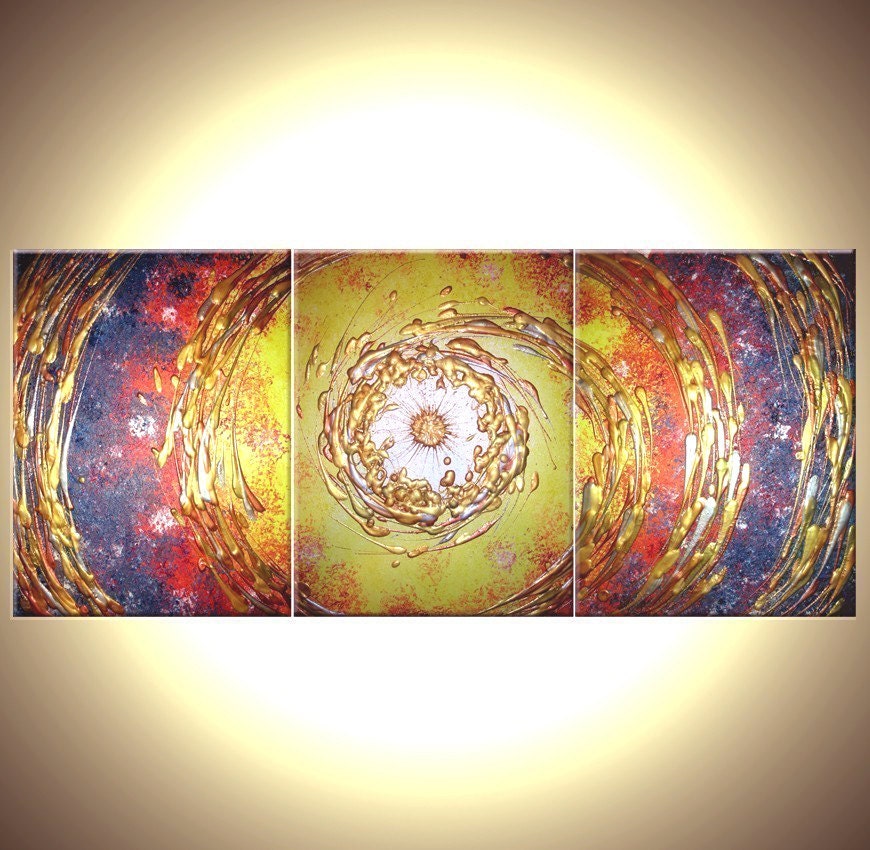 Abstract Painting, Original Art, Gold Metallic Textures, Hurricane Cyclone Painting, Red Yellow Storm, Fine Art by Lafferty - 54x24