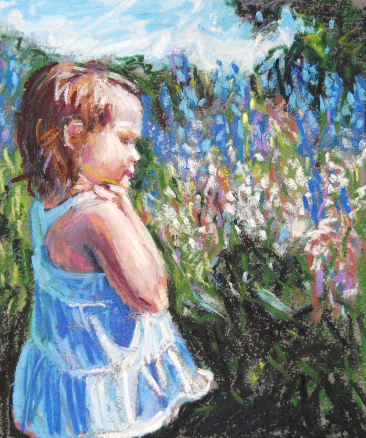 Wildflower Garden Girl, 8 x 10 Original Oil Pastel, Painting, Miss Busy Bee by Bethany Bryant
