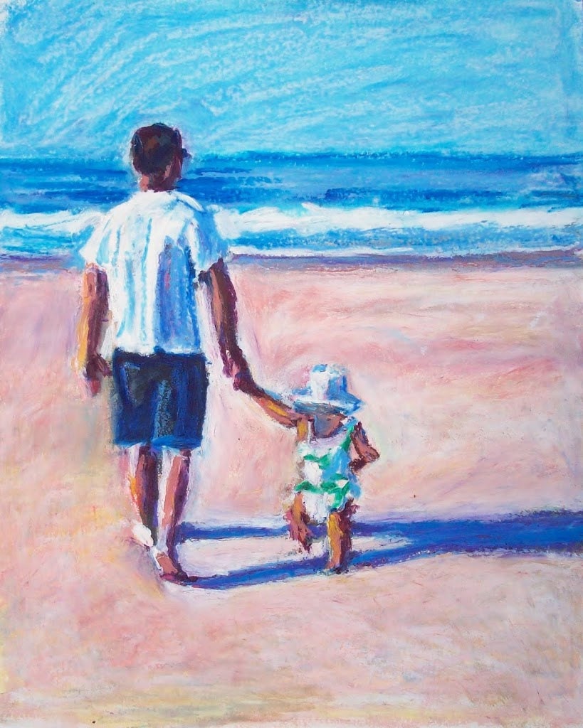 Daddy Daughter Painting, 8 x 10 Original Oil Pastel Painting, Walking with Daddy by Bethany Bryant