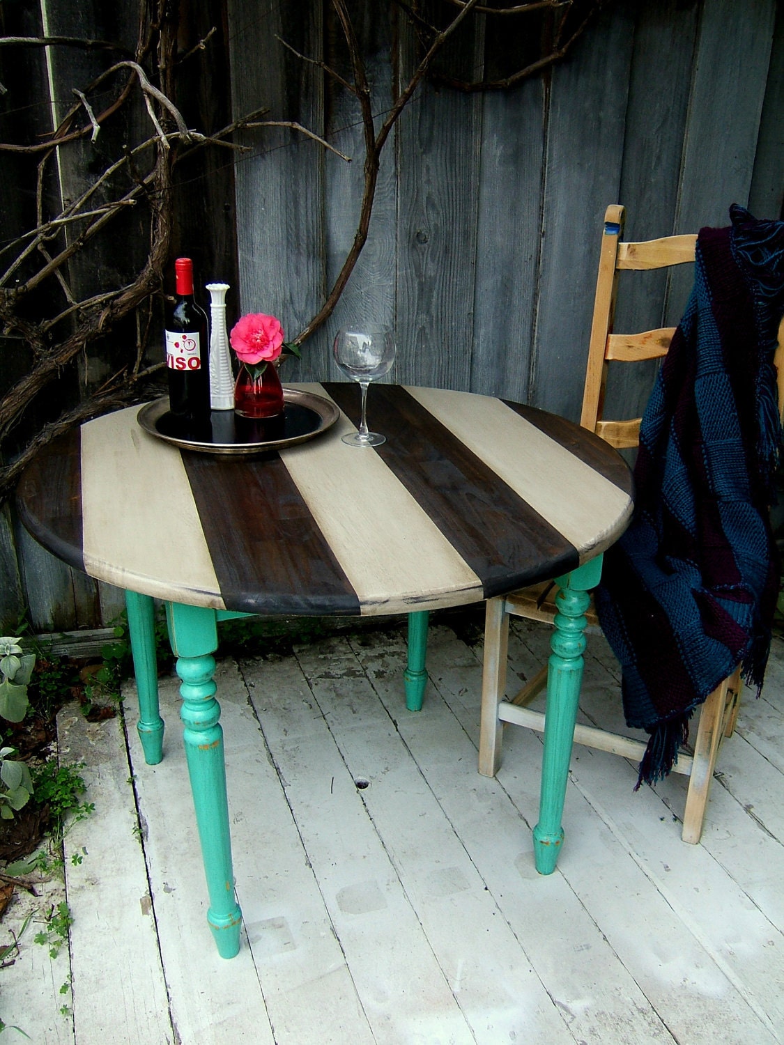 Striped Shabby Chic Kitchen Table - Turquoise, Grey, and Jacobean