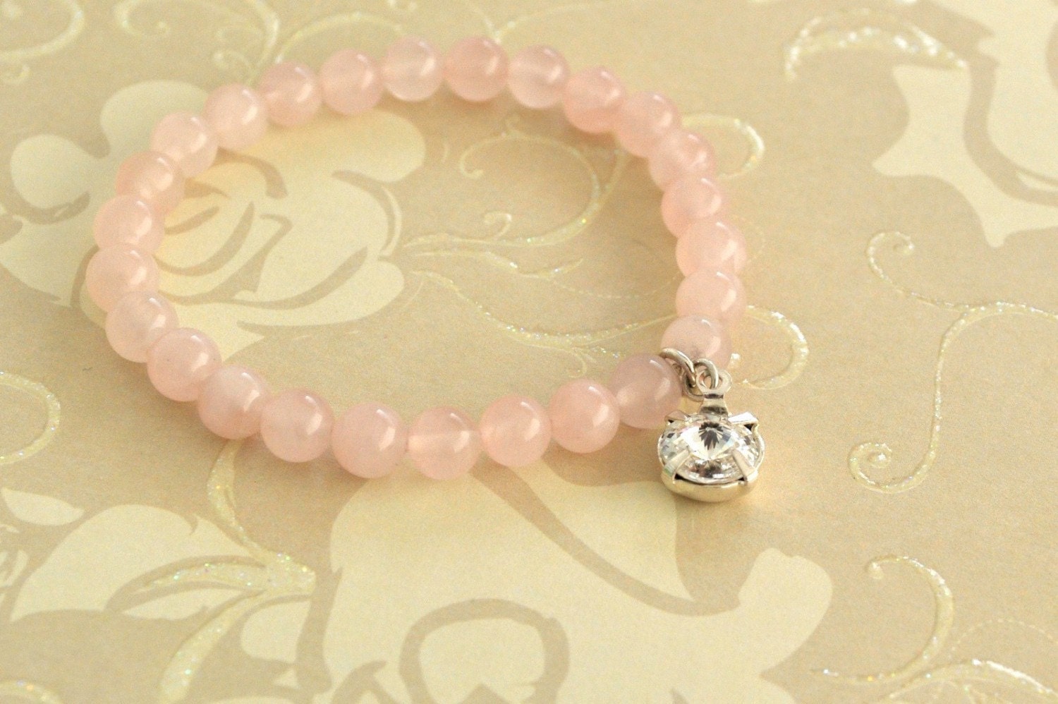 Cotton Candy - Rose Quartz Stretch Bangle with Swarovski Crystal Charm