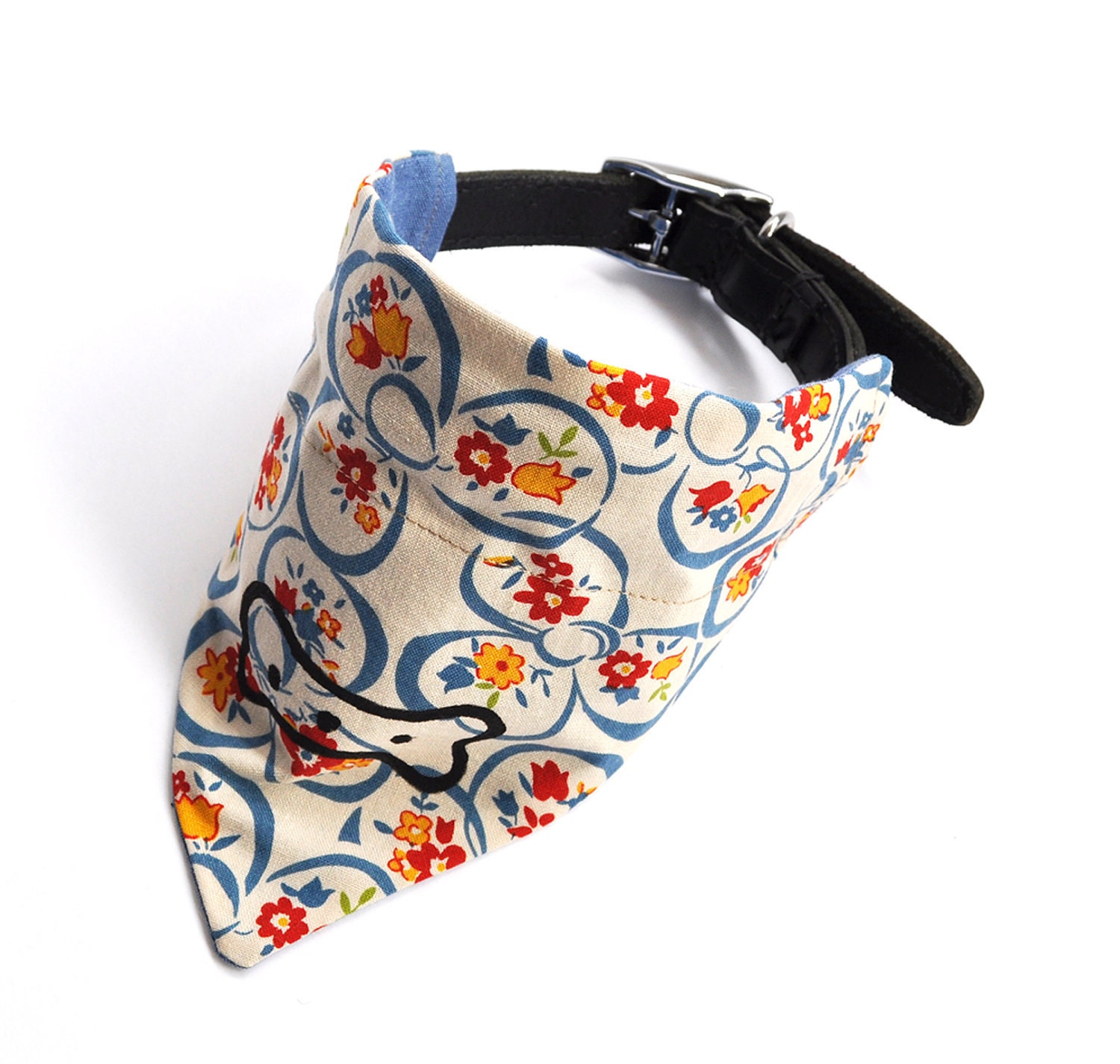 SALE-Blue Floral Doggie Neckerchief - bone print - small