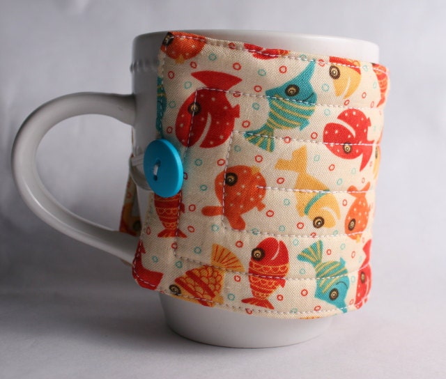coffee cup cozy fabric java jacket, mug cozy reuseable eco friendly, Fish