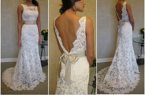 Super elegant French Lace Wedding Dress, modified to your specifications, Alencon or Chentilly Lace, with train, Deep back