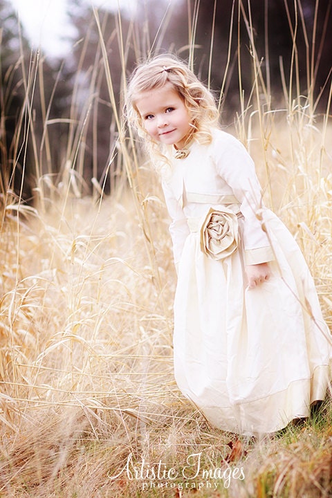 Ivory Silk Faille and Gold Pergament Taffeta Flowergirl Dress with bolero, vintage by Sashcouture - SashCouture1
