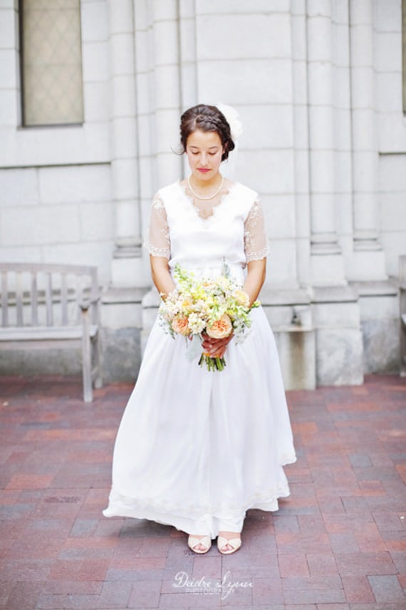 JESSICA, handmade, vintage style, Silk Wedding Dress with Delicate Lace Scallops , long dress, a line, edwardian, retro style