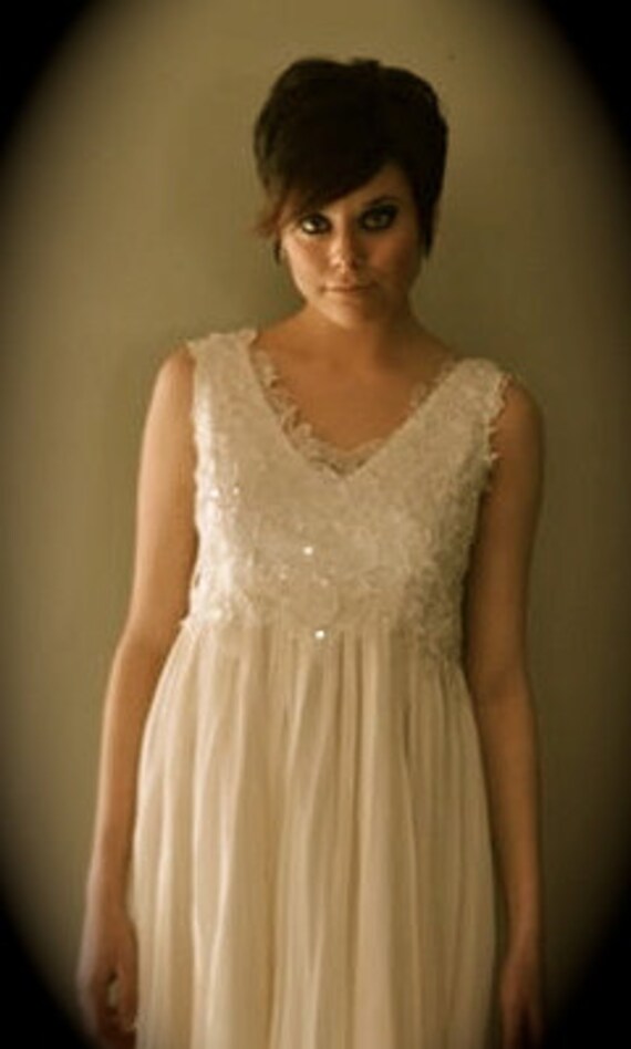 Fun, short, Silk, hand pleated Wedding Dress with Lace overlay, very feminine and ethereal, retro, long or short, custom made, A line