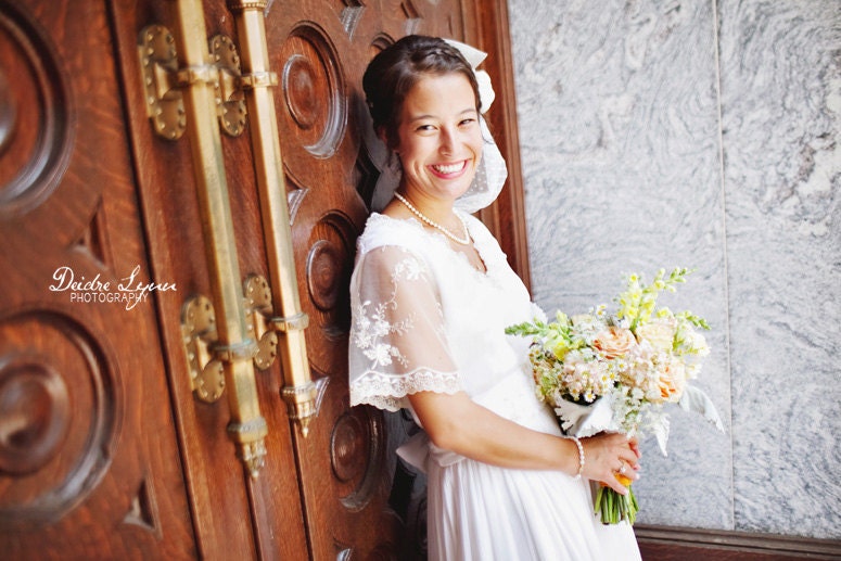 JESSICA, handmade, vintage style, Silk Wedding Dress with Delicate Lace Scallops , long dress, a line, edwardian, retro style