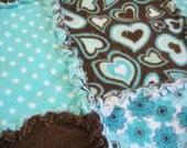 Hearts n Flowers in Brown and Blue Flannel Rag Edge Quilt